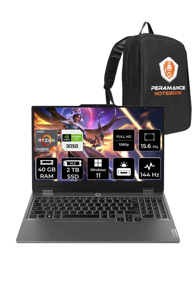 LENOVO LOQ R5 7235HS 40GB 2TB SSD RTX3050/6GB 95W 144Hz FHD 15.6" W11H Gaming Laptop & PER4 ÇANTA ürün görseli 1