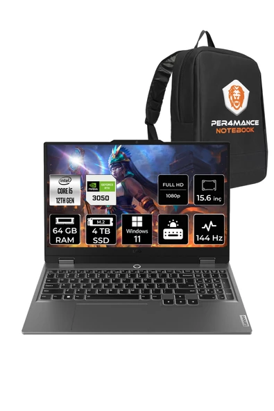 LENOVO Loq İ5 12450hx 64gb 4tb Ssd Rtx3050/6gb 95w 144hz Fhd 15.6" W11p Gaming Laptop & Per4 Çanta ürün görseli 1