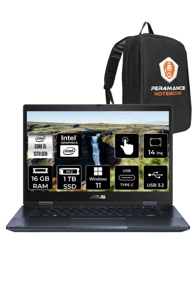 ASUS Expertbook B3 Flip i5 1335U 16GB RAM 1TB SSD 14" FHD W11H Dokunmatik Bilgisayar & PER4 ÇANTA ürün görseli 1