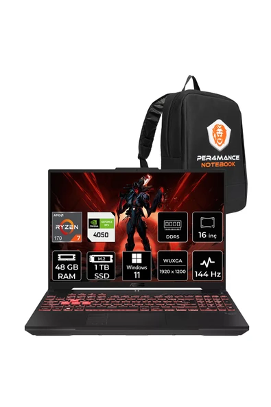 ASUS TUF A16 Ryzen 7 170 48GB 1TB SSD RTX4050/6GB 16" WUXGA 144Hz W11P Gaming Laptop FA607NUQ ürün görseli 1
