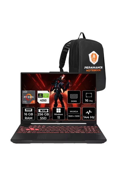 ASUS TUF A16 Ryzen 7 170 16GB 256GB SSD RTX4050/6GB 16" WUXGA 144Hz W11P Gaming Laptop FA607NUQ ürün görseli 1