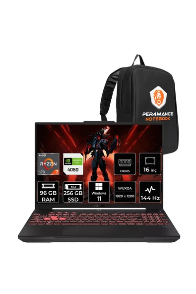 ASUS TUF A16 Ryzen 7 170 96GB 256GB SSD RTX4050/6GB 16" WUXGA 144Hz W11H Gaming Laptop FA607NUQ ürün görseli 1