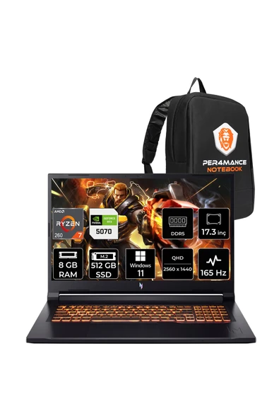 ACER Nitro V17 AI Ryzen 7 260 8GB 512GB SSD RTX5070/8GB 85W 17.3" QHD 165Hz W11H Gaming Laptop ürün görseli 1