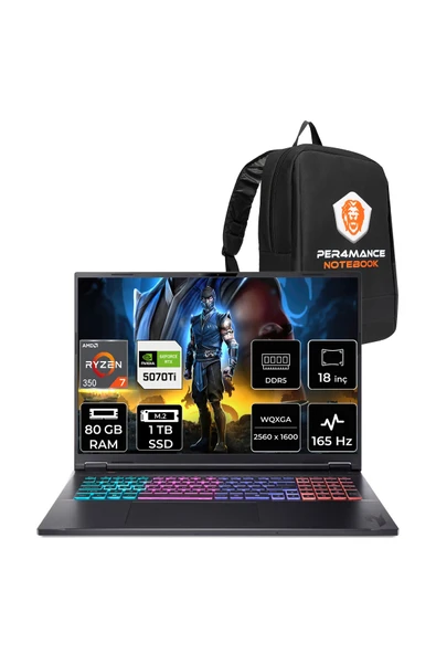 ACER Nitro 18 Ryzen AI 7 350 80GB 1TB SSD RTX5070Ti/12GB 115W 18" WQXGA 165Hz FDOS Gaming Laptop ürün görseli 1