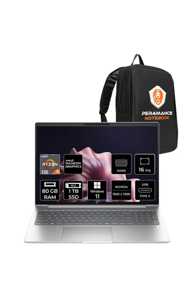 HP ProBook 4 G1AH Ryzen 5 220 80GB 1TB SSD Radeon 740M 16" WUXGA W11H Notebook & PER4 Çanta ürün görseli 1
