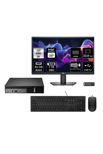 Dell Pro Micro QCM1250 Ultra 7 235T 24GB 1TB SSD 23.8" Monitör FDOS Mini Masaüstü Bilgisayar ürün görseli 1