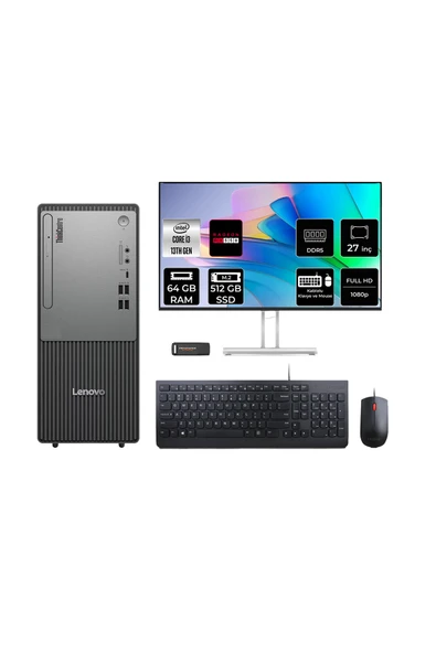 LENOVO ThinkCentre Neo 50T G5 i3 13100 64GB 512GB SSD RX550/4GB FDOS Masaüstü Bilgisayar + 27" ürün görseli 1