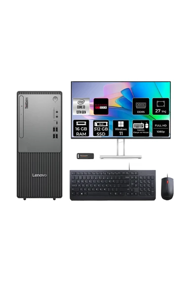 LENOVO ThinkCentre Neo 50T G5 i3 13100 16GB 512GB SSD RX550/4GB W11P Masaüstü Bilgisayar + 27" ürün görseli 1