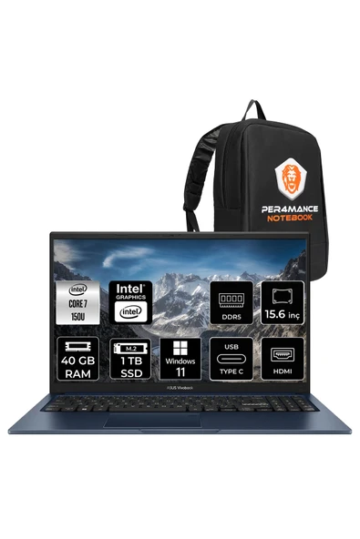 ASUS VivoBook 15 Intel Core 7 150U 40GB 1TB SSD 15.6" FHD W11H Taşınabilir Bilgisayar & PER4 Çanta ürün görseli 1