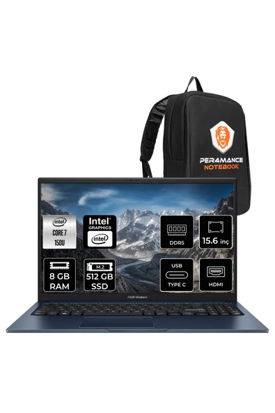 ASUS VivoBook 15 Intel Core 7 150U 8GB 512GB SSD 15.6" FHD FDOS Taşınabilir Bilgisayar & PER4 Çanta ürün görseli 1