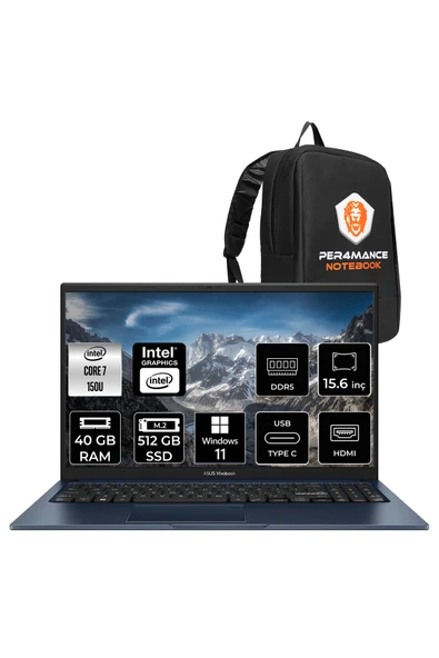ASUS VivoBook 15 Intel Core 7 150U 40GB 512GB SSD 15.6" FHD W11P Taşınabilir Bilgisayar & PER4 Çanta ürün görseli 1