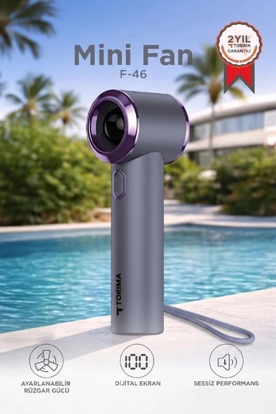 Şarjlı El Vantilatörü Dijital Göstergeli 5 Kademeli Turbo Mini Fan F46 Gri ürün görseli 1
