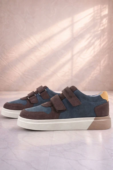Rakerplus Hakiki Deri Kahve Koyu Mavi Çift Cırtlı Çocuk Sneaker Spor Ayakkabı ürün görseli 1