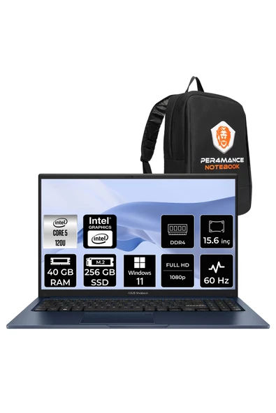 ASUS VivoBook 15 Intel Core 5 120U 40GB 256GB SSD 15.6" FHD W11H Taşınabilir Bilgisayar & PER4 Çanta ürün görseli 1