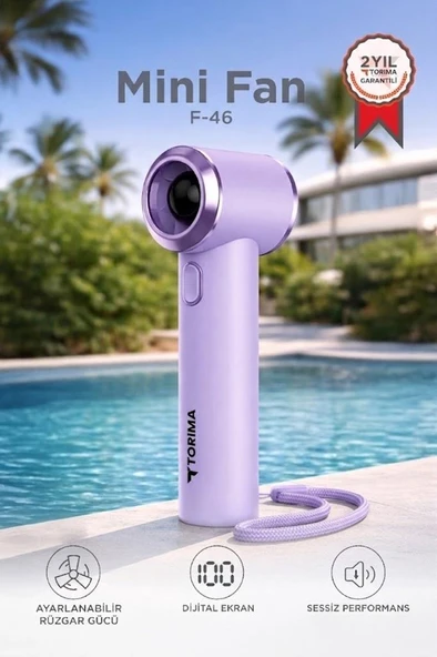Şarjlı El Vantilatörü Dijital Göstergeli 5 Kademeli Turbo Mini Fan F46 Mor ürün görseli 1