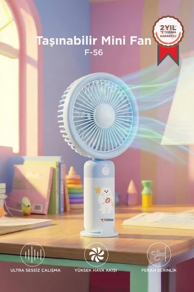 Şarjlı El Vantilatörü Masaüstü Stantlı 3 Kademeli Taşınabilir Mini Fan F56 Mavi ürün görseli 1