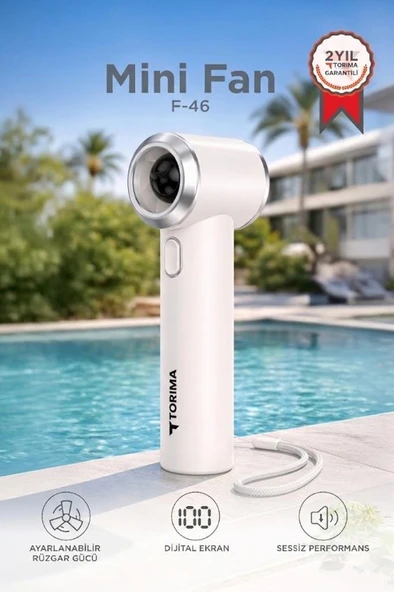 Şarjlı El Vantilatörü Dijital Göstergeli 5 Kademeli Turbo Mini Fan F46 Beyaz ürün görseli 1