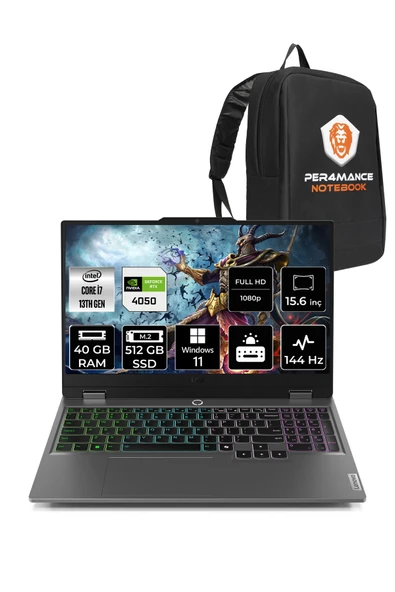 LENOVO LOQ i7 13650HX 40GB 512GB SSD RTX4050/6GB 105W 144Hz 15.6" W11P Gaming Laptop & PER4 ÇANTA ürün görseli 1