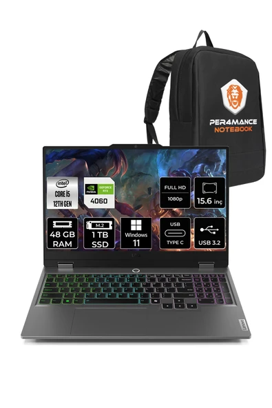 LENOVO LOQ 15IAX9 i5-12450HX 48GB 1TB SSD 105W RTX4060/8GB 15.6" FHD W11H & PER4 ÇANTA ürün görseli 1