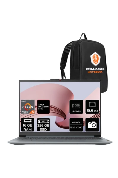 LENOVO IdeaPad Slim 3 Ryzen 5 7520U 16GB 256GB SSD 15.6" FHD FDOS Dizüstü Bilgisayar ürün görseli 1