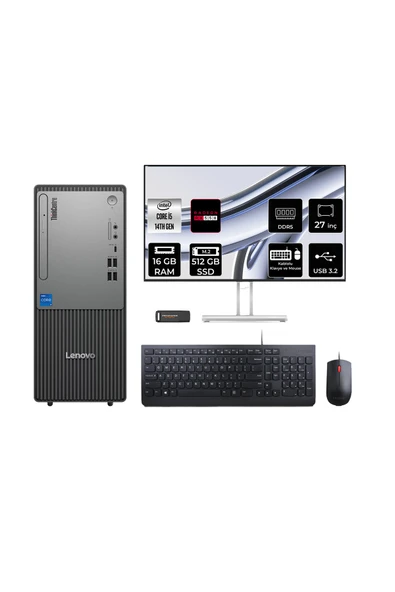 LENOVO ThinkCentre Neo 50T G5 i5 14400 16GB 512GB SSD RX550/4GB FDOS Masaüstü Bilgisayar + 27" ürün görseli 1