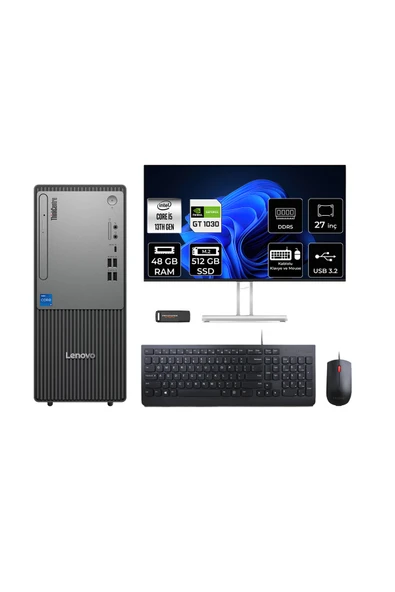 LENOVO ThinkCentre Neo 50T G5 i5 13400 48GB 512GB SSD GT1030/4GB FDOS Masaüstü Bilgisayar + 27" ürün görseli 1