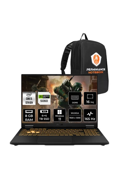 ASUS TUF F16 i5-13450HX 8GB 4TB+4TB SSD RTX5060/8GB 115W 16" FHD+ 165Hz W11H Gaming Laptop & Çanta ürün görseli 1
