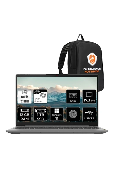 LENOVO IdeaPad 3 17IAU7 i7-1255U 12GB 1TB SSD 17.3" FHD W11H Taşınabilir Bilgisayar & PER4 Çanta ürün görseli 1