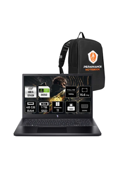 ACER Nitro V15 i5-13420H 48GB 1TB SSD RTX3050/6GB 15.6'' 144Hz FHD W11P Gaming Laptop & PER4 ÇANTA ürün görseli 1