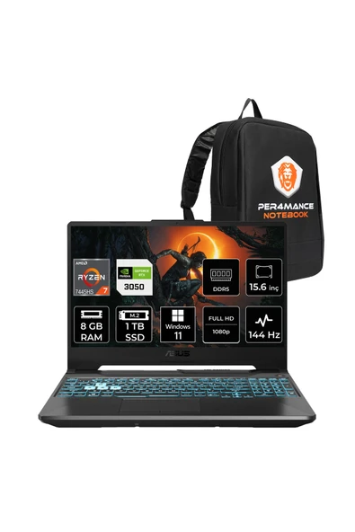 ASUS Tuf A15 R7-7445HS 8GB 1TB SSD RTX3050/4GB 144Hz FHD 15.6" W11P Gaming Laptop & PER4 ÇANTA ürün görseli 1