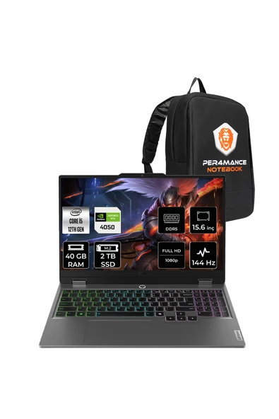 LENOVO LOQ i5 12600HX 40GB 2TB SSD RTX4050/6GB 105W 144Hz 15.6" FDOS Gaming Laptop & PER4 ÇANTA ürün görseli 1