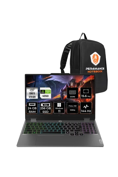 LENOVO LOQ i5 12600HX 24GB 256GB SSD RTX4050/6GB 105W 144Hz 15.6" W11P Gaming Laptop & PER4 ÇANTA ürün görseli 1