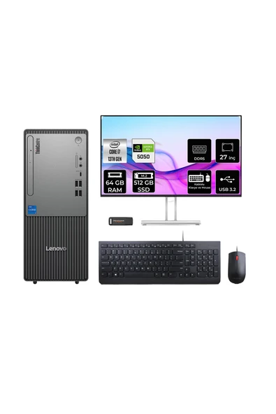 LENOVO ThinkCentre Neo 50T G5 i7 13700 64GB 512GB SSD RTX5050/8GB FDOS Masaüstü Bilgisayar + 27" ürün görseli 1