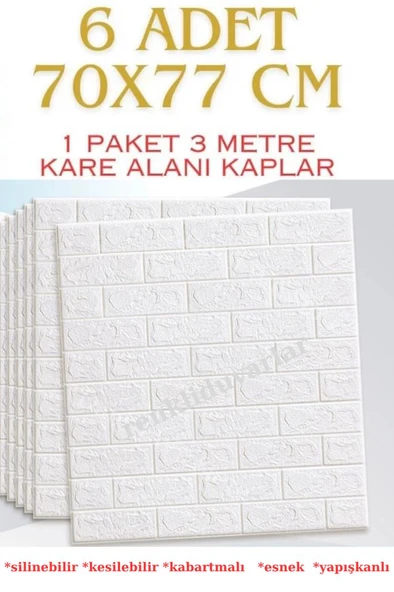 Renkli Duvarlar Yapışkanlı Sünger Beyaz Tuğla Duvar Kağıdı Paneli 70x77 Cm 6 Adet ürün görseli 1