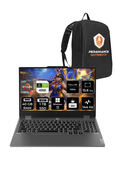 LENOVO LOQ R7 7435HS 40GB 1TB SSD RTX4050/6GB 105W 144Hz FHD 15.6" W11P Gaming Laptop & PER4 ÇANTA ürün görseli 1