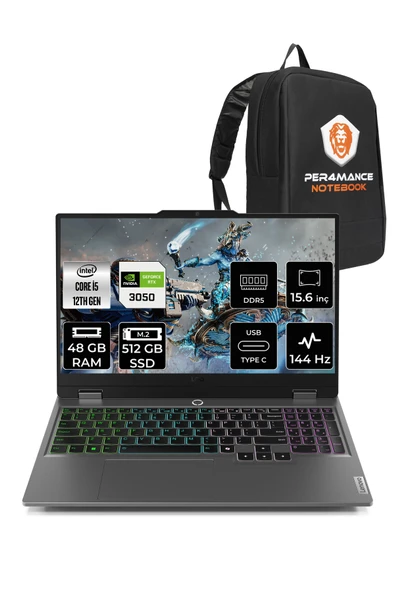 LENOVO LOQ i5 12600HX 48GB 512GB SSD RTX3050/6GB 15.6" FHD 144Hz FDOS Gaming Laptop & PER4 Çanta ürün görseli 1