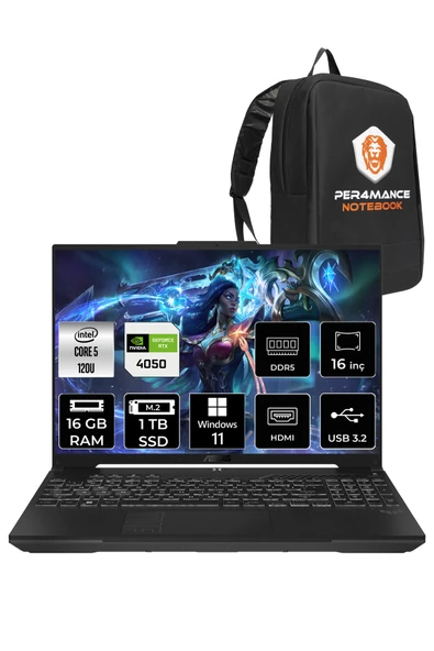 ASUS TUF Gaming F16 Core 5 210H 16GB 1TB SSD RTX4050/6GB 140W WUXGA 16" W11P LP029 & PER4 ÇANTA ürün görseli 1