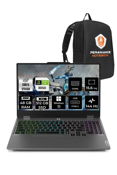 LENOVO LOQ i5 12600HX 48GB 512GB SSD RTX3050/6GB 15.6" FHD 144Hz W11H Gaming Laptop & PER4 Çanta ürün görseli 1