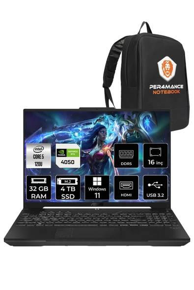 ASUS TUF Gaming F16 Core 5 210H 32GB 4TB SSD RTX4050/6GB 140W WUXGA 16" W11P LP029 & PER4 ÇANTA ürün görseli 1