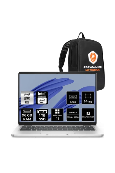 Dell Pro 14 Ultra 7 255U 96GB 1TB SSD Intel Graphics 14" WUXGA W11P Notebook & PER4 Çanta ürün görseli 1