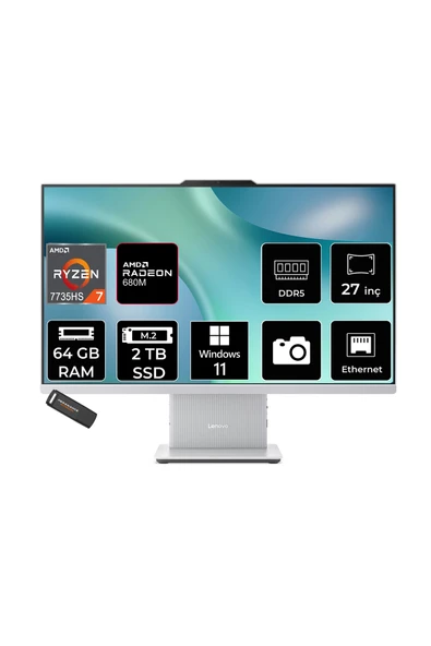 LENOVO IdeaCentre 27ARR9 Ryzen 7 7735HS 64GB 2TB SSD 27" FHD W11H Gri All in One Bilgisayar ürün görseli 1