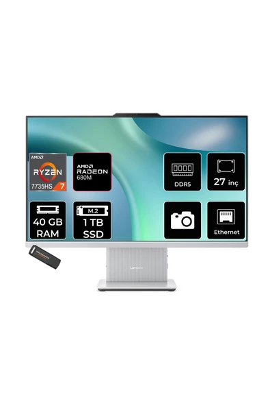 LENOVO IdeaCentre 27ARR9 Ryzen 7 7735HS 40GB 1TB SSD 27" FHD FDOS Gri All in One Bilgisayar ürün görseli 1