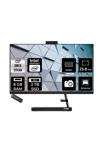 LENOVO IdeaCentre 24IAP7 i5 12450H 8GB 2TB SSD 23.8" FHD FDOS Siyah All in One Bilgisayar ürün görseli 1