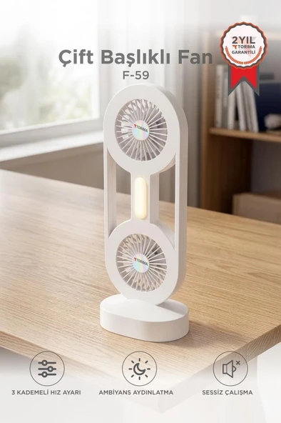 Şarjlı Masaüstü Vantilatör Çift Başlıklı 1200 Mah Işıklı Taşınabilir Masa Fanı F59 Beyaz ürün görseli 1