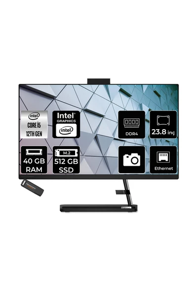LENOVO IdeaCentre 24IAP7 i5 12450H 40GB 512GB SSD 23.8" FHD FDOS Siyah All in One Bilgisayar ürün görseli 1