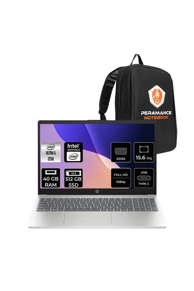 HP AI 15 Intel Core Ultra 5 225U 40GB 512GB SSD 15.6" FHD FDOS Dizüstü Bilgisayar & PER4 Çanta ürün görseli 1