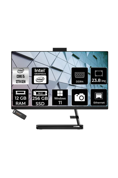 LENOVO IdeaCentre 24IAP7 i5 12450H 12GB 256GB SSD 23.8" FHD W11H Siyah All in One Bilgisayar ürün görseli 1