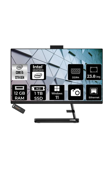 LENOVO IdeaCentre 24IAP7 i5 12450H 12GB 1TB SSD 23.8" FHD W11H Siyah All in One Bilgisayar ürün görseli 1