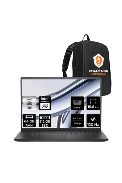 Dell Pro 15 Intel Core 3 100U 64GB 512GB SSD 15.6" FHD 120Hz FDOS Dizüstü Bilgisayar & PER4 Çanta ürün görseli 1