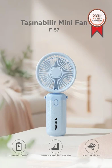 Şarjlı El Vantilatörü Masaüstü Stantlı 3 Kademeli Taşınabilir Mini Fan F57 Mavi ürün görseli 1